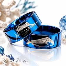 Blue Tungsten Fisherman Wedding Band | Sailfish Mahi-Mahi Shark Engraved Ring