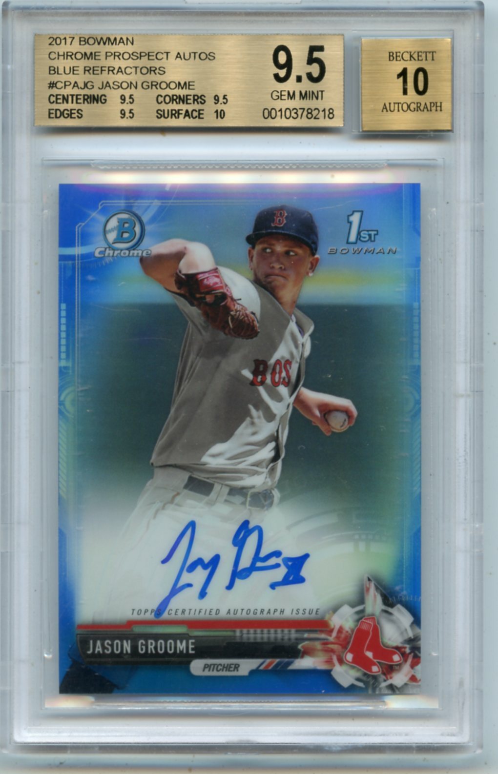 2017 BOWMAN CHROME #CPA-JG JASON GROOME AUTOGRAPH BLUE REFRACTOR #45/150 BGS 9.5