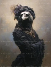 GOTHIC RAVEN LADY ART PRINT, Victorian Crow Woman Wall Decor Fantasy Bird Poster