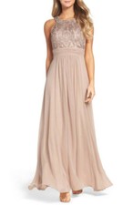 Used Eliza J Lace Bodice Gown- Beige- 4 Petite $ 248 Wedding Bridemaid 4P Dress