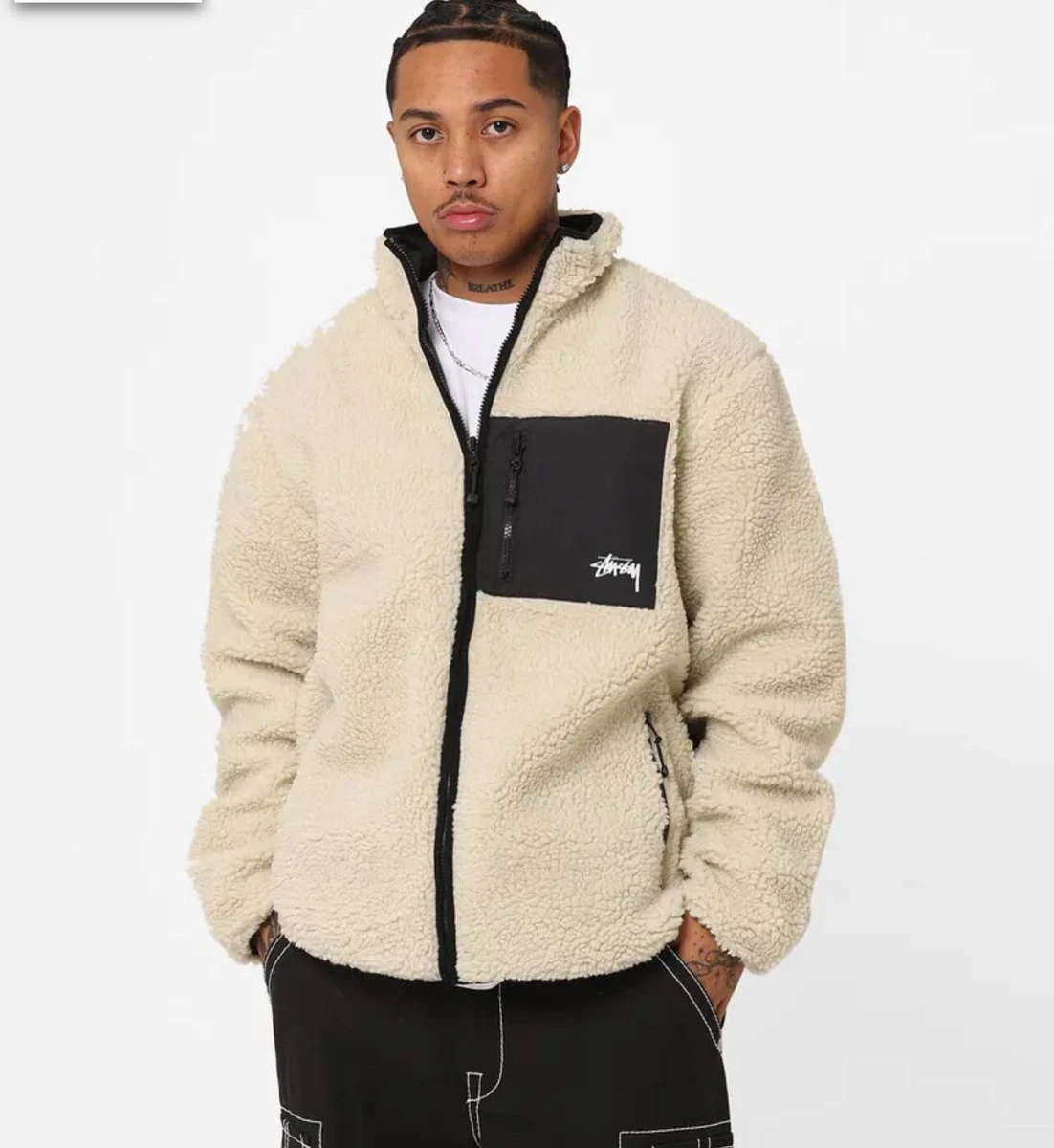 Stussy 8 Ball Sherpa Fleece Reversible Jacket Cream/Black - Multiple Size  S-2XL