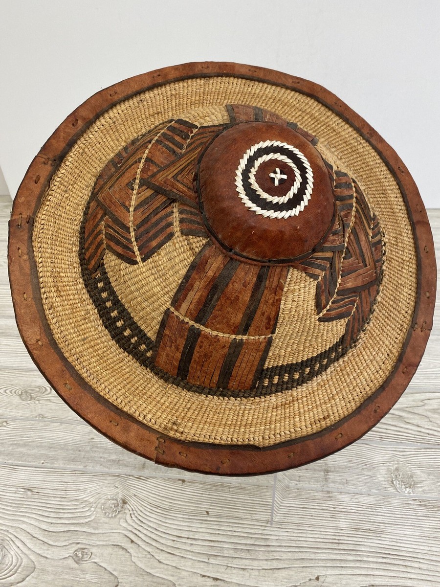 Vintage Tuareg West African Fulani Straw Leather Sun Hat  display picture 1