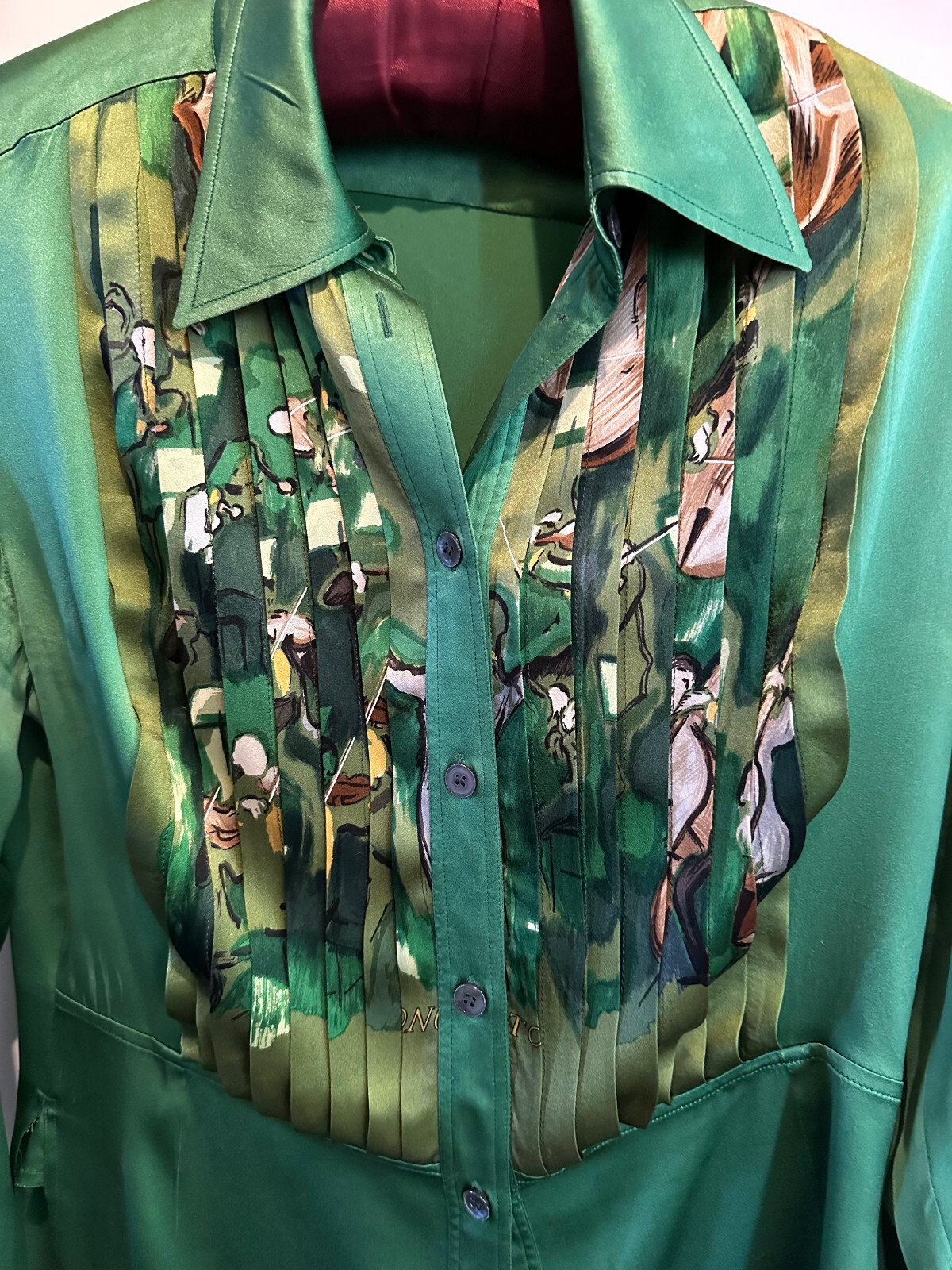 Vintage rare Hermes emerald green silk shirt, pintucked with Jazz age detailing  image 5