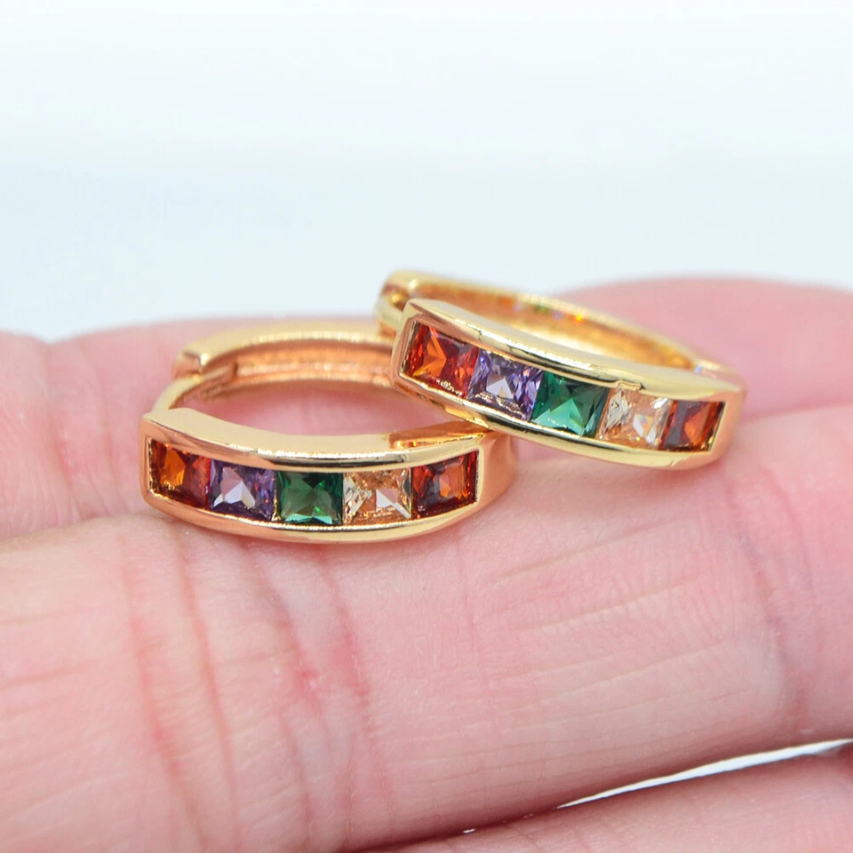 18K Yellow Gold Filled Multicolour Topaz Women Classic Huggie Earrings Jewelry - Image 2 of 4