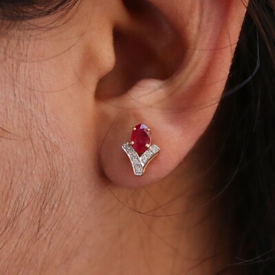 Oval Simulated Pink Ruby Women's Stunning Stud Earring In 14K Yellow Gold Plated