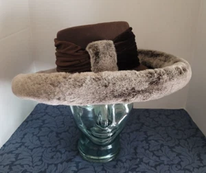 Gorgeous Donna Vinci Couture Brown Felt Hat Fake Fur Trim Vintage 15"x6"