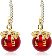 Christmas Bow Earrings for Women Red Dangling Earring for Holiday Gift Rhineston