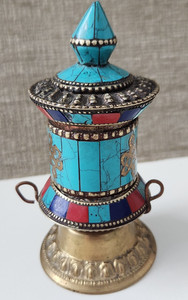 Vintage Tibetan Mani Tabletop Turquoise Coral Prayer Wheel – Stone Inlay – AS IS