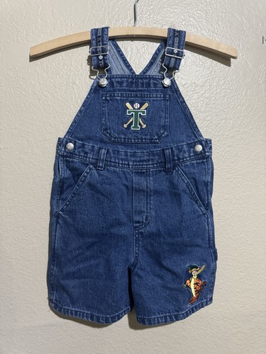 Vtg Pooh Tigger Denim Shortalls Youth 4T Overalls Blue Disney Store Y2K Baseball