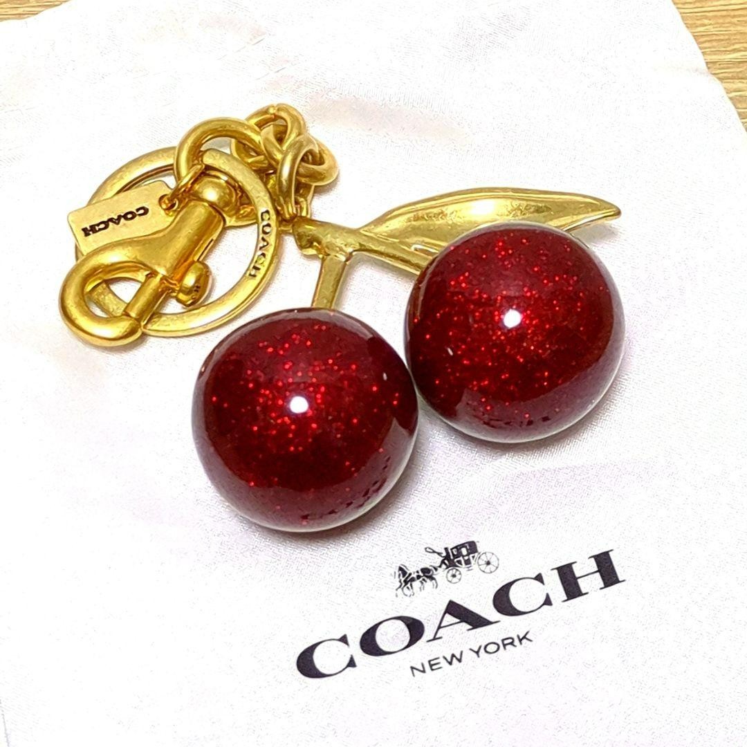 COACH Cherry Keychain Charm Red Glitter Gold Bag Charm Dust Bag YK239