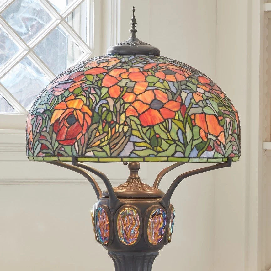 36"H Pink Poppies Tiffany-Style Stained Glass Table Lamp - Image 3 of 4
