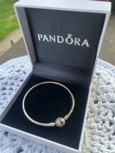 Pre-owned Pandora Moments Silver Bangle Bracelet With Ball Clasp-Tarnished