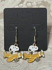 Snoopy Airplane Flying Gold Loop Enamel Drop Dangle Bohemian Trendy Earring Set