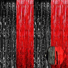 3 Pack Black Red Foil Fringe Curtain Backdrop 3.28Ft x 8.2Ft Metallic Tinsel ...