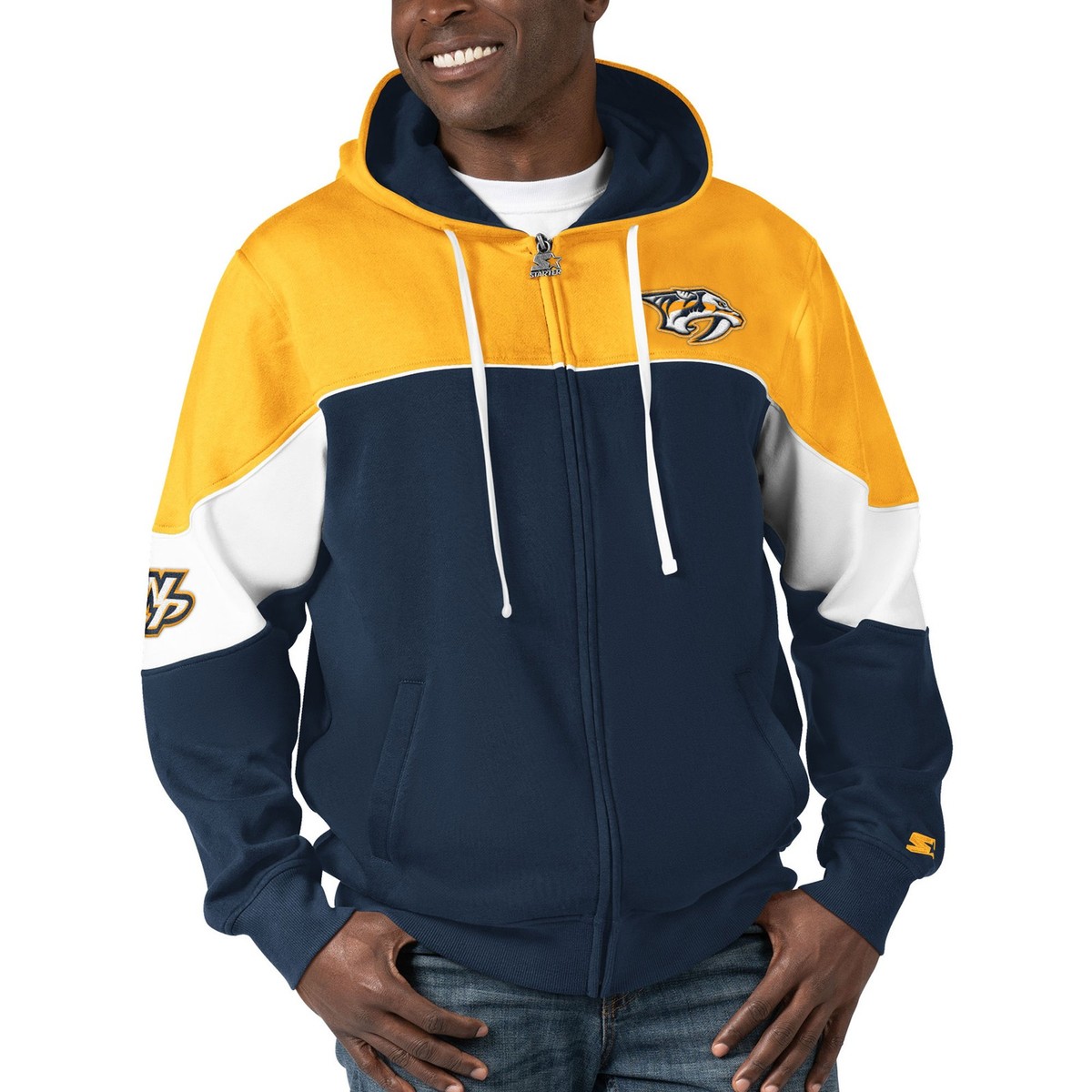 売れ筋商品|||スターター パーカー・スウェットシャツ アウター レディース Men's Navy, Gold Nashville Predators Power Forward Full-Zip Hoodie Navy, Gold Men's Starter Navy/Gold Nashville Predators Power Forward