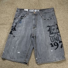 Ecko Unltd Black Jorts Sz 34 Baggy Y2K Denim Shorts THRASHED Vintage