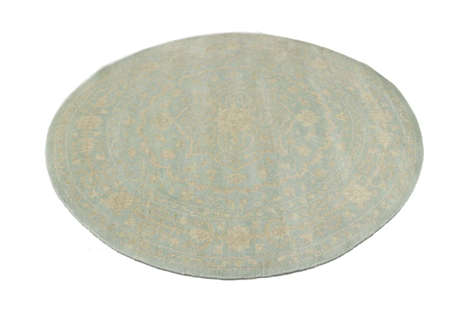 6x6 ft Handmade Muted Aqua Blue Floral Wool Oriental Round Rug Decor Carpet - Image 2 of 4