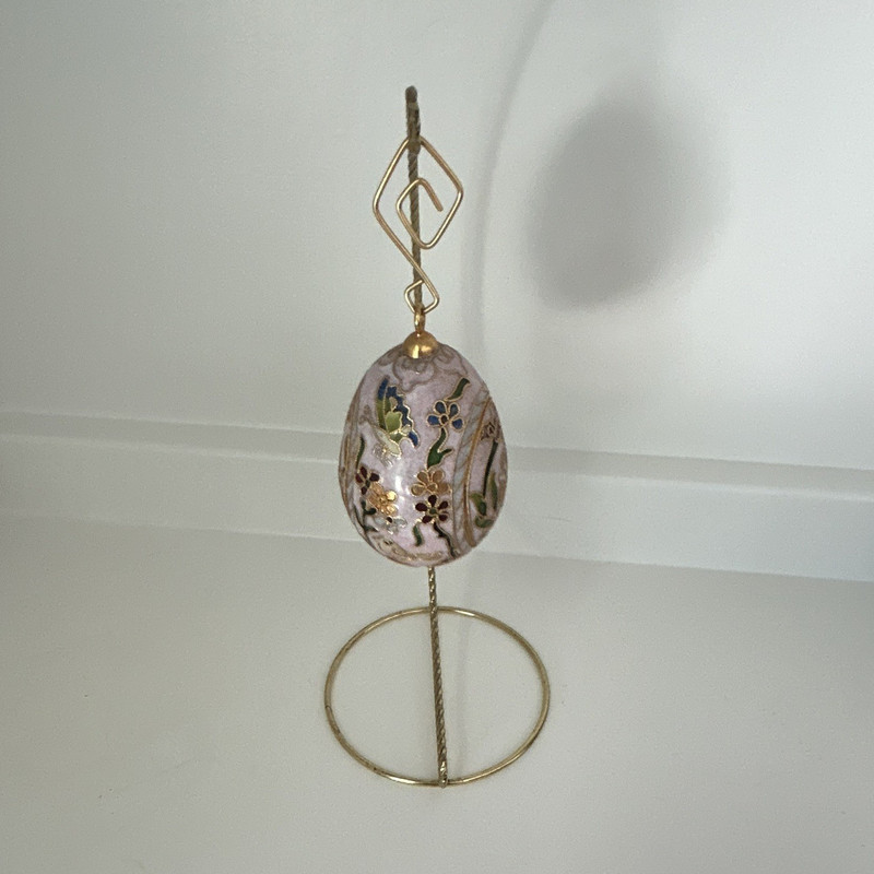 Pink Gold Floral Egg Ornament Hanging Decorative on Metal Stand