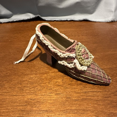 #ad Miniature High Heeled Shoe Ornament Maroon w Bow and Embroidery $6.50
