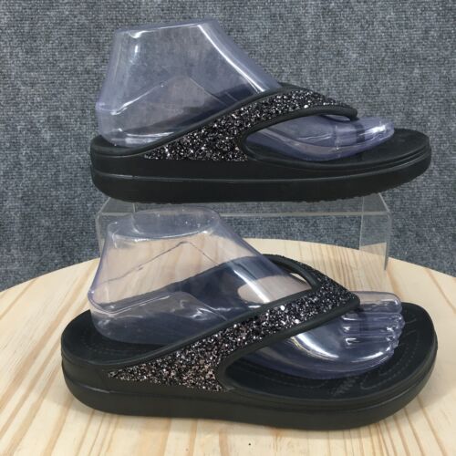 Crocs Sandals Womens 8 Sloane Glitter Casual Slip On Wedge Flip Flops Black