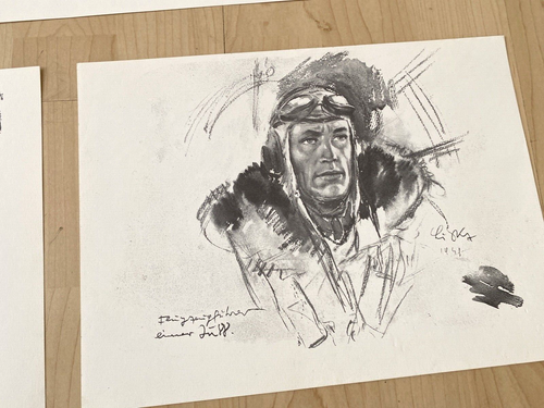 10 stampe schizzi vintage WW1 e II campo di battaglia disegni soldatini in trincea firmati - Foto 7 di 10