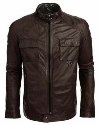 NOORA Mens Brown Leather Quilted Safari Collar Zipped Stylish Jacket QD45