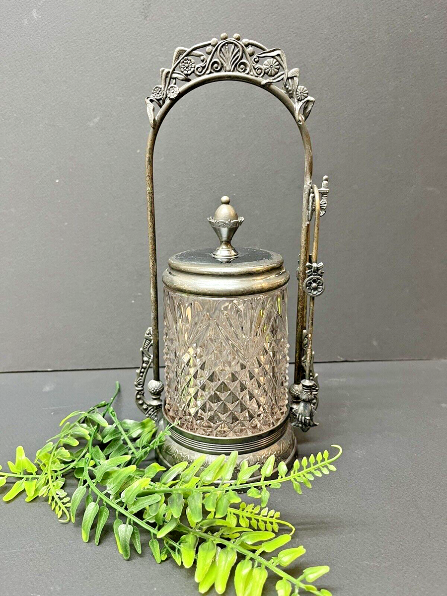 Victorian Pickle Castor Clear Crystal Jar W/Tongs Wilcox Quadruple