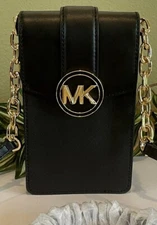 MICHAEL KORS CARMEN XS SMALL NS PHONE CHAIN CROSSBODY BAG LEATHER MK BLACK GOLD