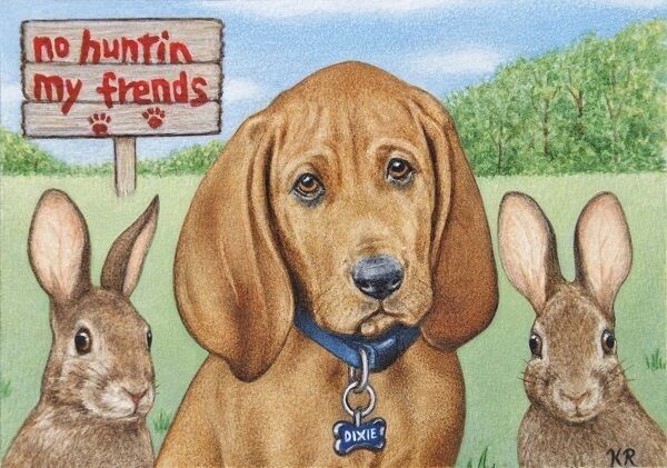 dog rabbits aceo art print pup hound bunnies animals miniature Ltd. Ed. signed