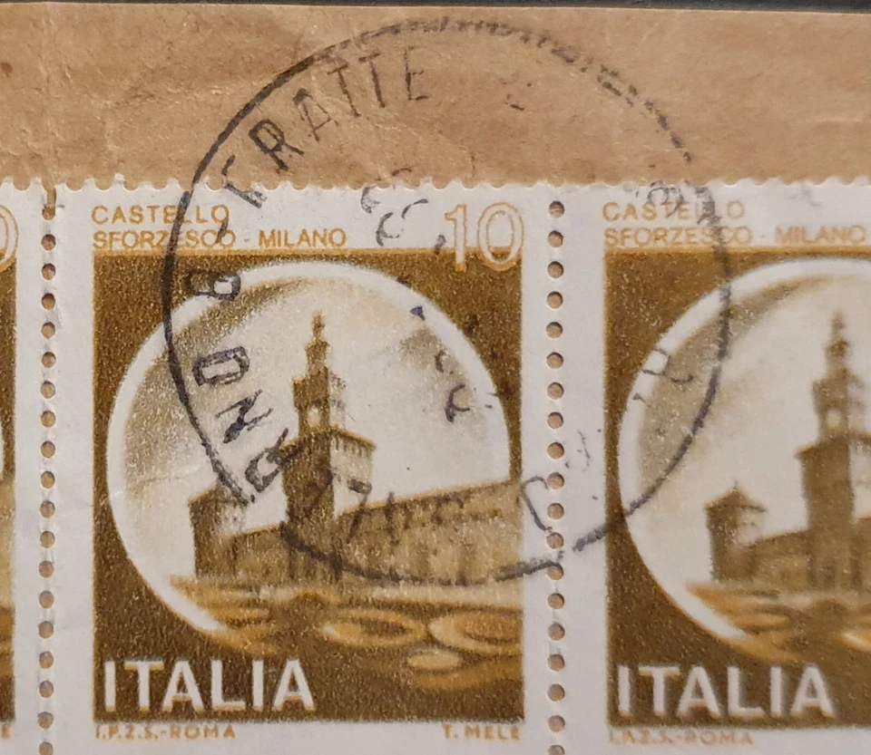 Italy Stamps 1980 Milan Castle 10m block of 20 used on piece Salerno cancels - Image 2 of 2