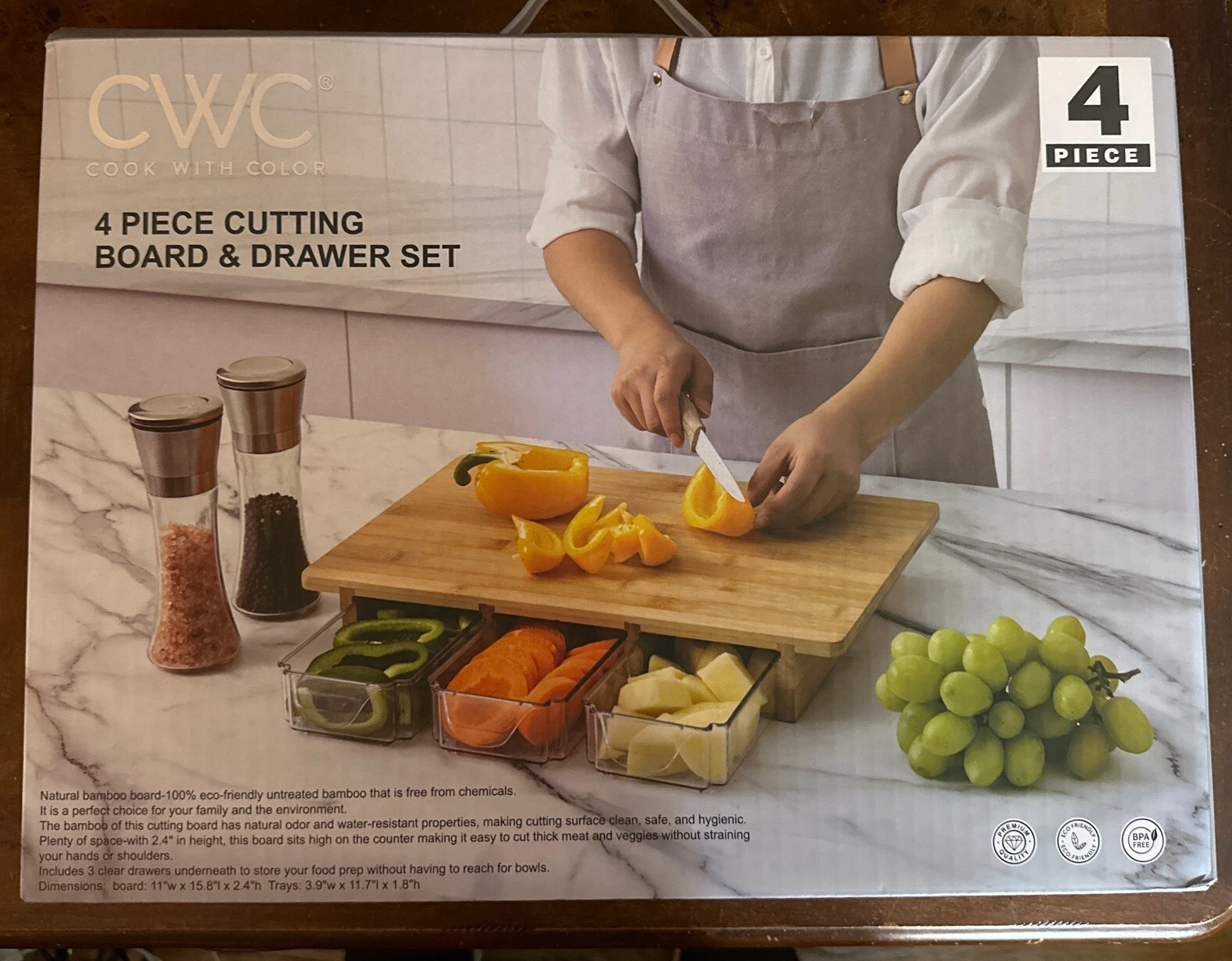 Cook With Color 4 Pc 11x16” Bamboo Cutting Board & Drawer Set Ships Immediately