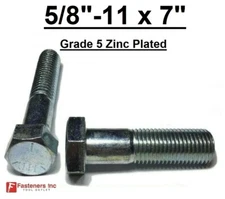 5/8-11 x 7" Hex Bolt Zinc Plated Grade 5 Cap Screw Coarse Partial Thread