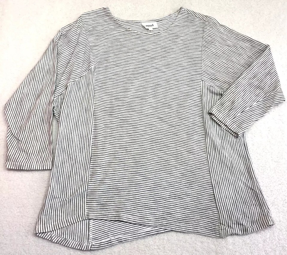 Seed Heritage White / Black Narrow Stripe 3/4 sleeve Round Neck T Shirt  Small