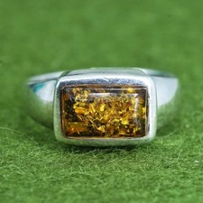 Size 6.75, Vintage sterling silver 925 handmade band ring with Amber
