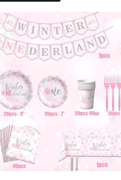 Pink Baby 1st birthday-winter "One" derland.set, table cloth, banner, napkins+++