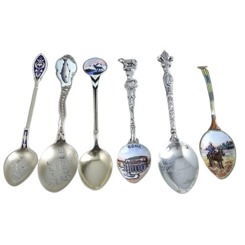 6 antike Guilloche Silber Emaille Demitasse Löffel