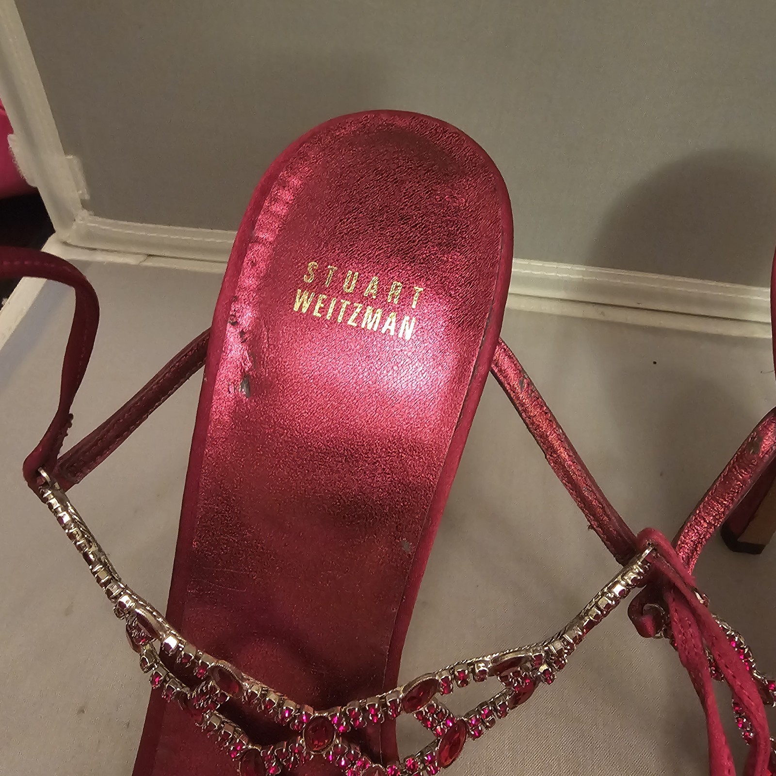 Stuart Weitzman Ruby Red Satin Gladiator 4" High … - image 6