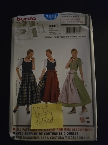 Burda 7870 Dirndl Rock Bluse Weste Schürze Deutsche Tracht Gr. 12-30 Schnittmuster