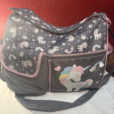 Baby Boom Happy Unicorn Diaper Bag Gray Pink 7 Pockets Adjustable Strap