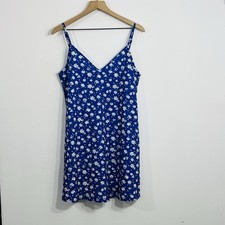 Shein Pullover Spaghetti Thin Strap V Neck Blue Dress White Flowers Summer Sz M