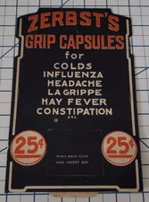 1920s ZERBST'S GRIP CAPSULES For Colds Cardboard Stand-Up Sign Display Standup