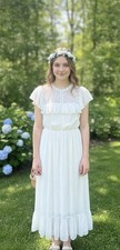 Vintage Style White Lace Ruffle Midi Dress with Sheer Yoke and Flutter Sleeves