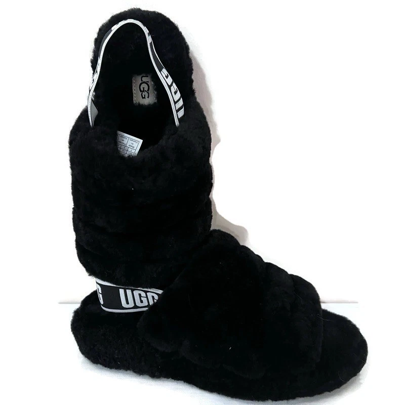 UGG Fluff Yeah Slides taglia 7 nero sandalo ciabatta accogliente casual tutti i giorni unisex
