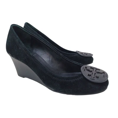 Tory Burch Shoes Womens 5 M Sophie Miller Black Suede Wedge Leather Logo on Toe - Image 1 of 4