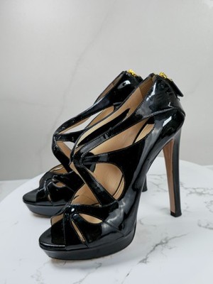 Prada Vernice Lackleder Reißverschluss hinten Absatz Plateau Sandale Schwarz ...