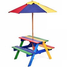 Children's Solid Wood Picnic Table Set with Colorful Umbrella 4 Seat Garden