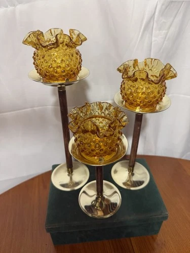 Vintage Fenton Glass amber hobnail ruffled-edge vase set on brass & wood stands