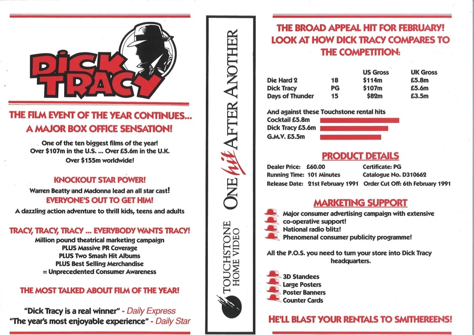 DICK TRACY (5) / DOUBLE SIDED PROMO UK VIDEO SLEEVE / TOUCHSTONE VIDEO LABEL - Image 2 of 2