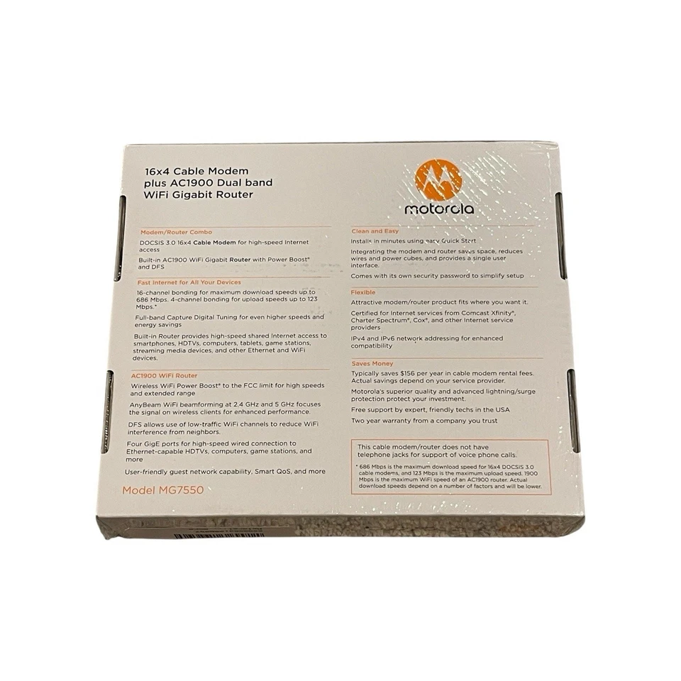 NIB Motorola MG7550 16x4 Cable Modem Plus AC1900 WiFi Router - Image 4 of 4