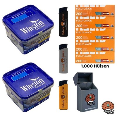 Winston Blue/Blau Tabak Giant Box 2x 155g, Gizeh Full Flavor Hülsen, Zubehör